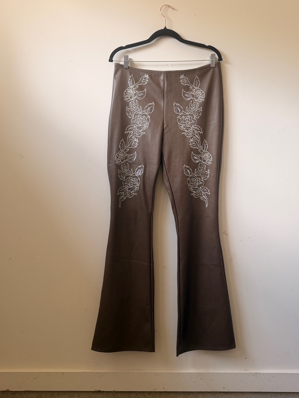 Fashion Nova Brown Faux Leather Embroidered Pants